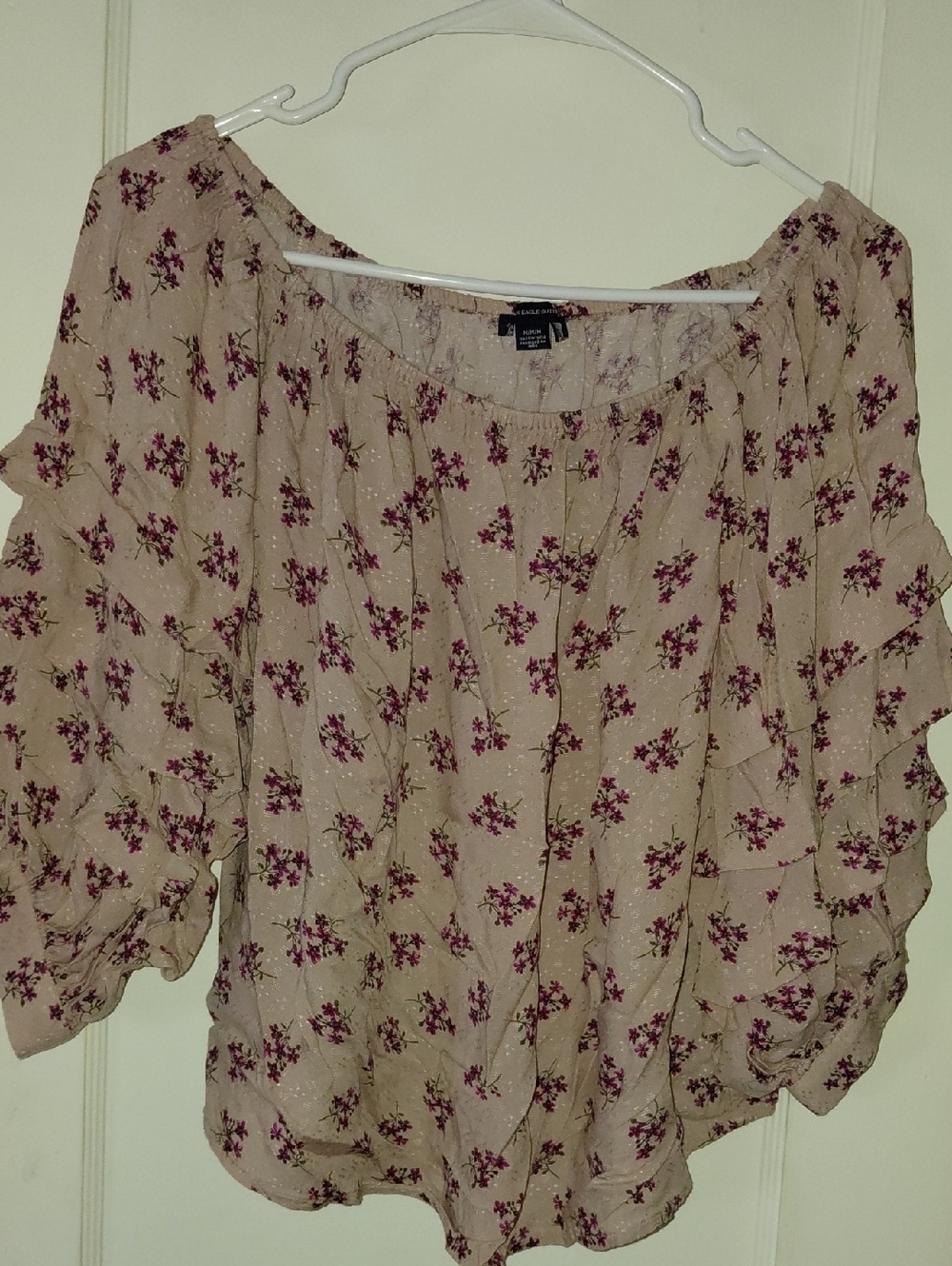 American Eagle Outfitters Beige Blouse with Burgundy Floral Print